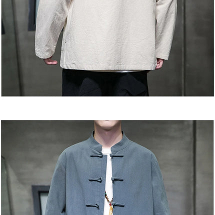 Camicie da uomo stile cinese retrò lino cotone tinta unita vestito Tang top cardigan uomo casual Kung Fu Tai Chi camicette da uomo abbigliamento