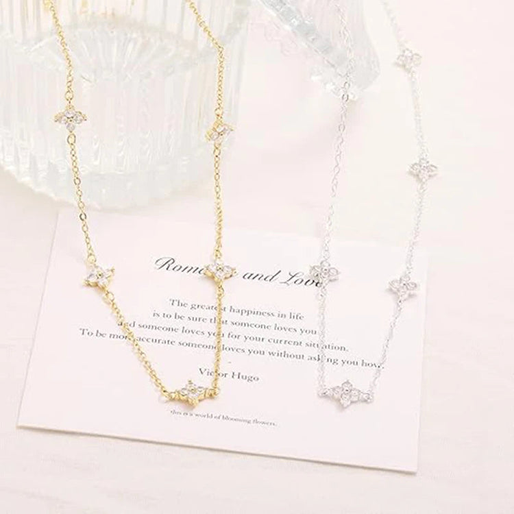 925 Silver Plated Four-leaf Flower Zircon Chain Necklace for Women Luxury Collar Charm Clover Necklaces 2025 Trend Jewelry PlatiNum