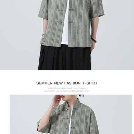 Camicie a Righe da Uomo Estive in Stile Cinese Tradizionale, Camicie Traspiranti in Lino, Abbigliamento Maschile Retrò per Kung Fu e Tai Chi, Completo Casual Tang