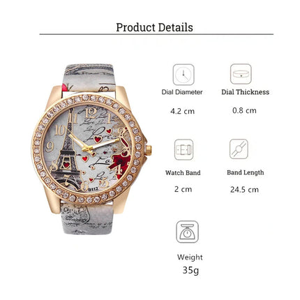 Orologio al quarzo in pelle PU da donna alla moda con strass Torre Eiffel platinumshop