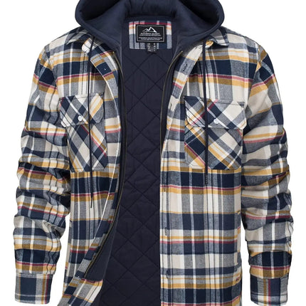 TACVASEN Men's Flannel Shirt Jacket with Removable Hood Plaid Quilted Lined Winter Coats Thick Hoodie Outwear Man Fleece Shirts