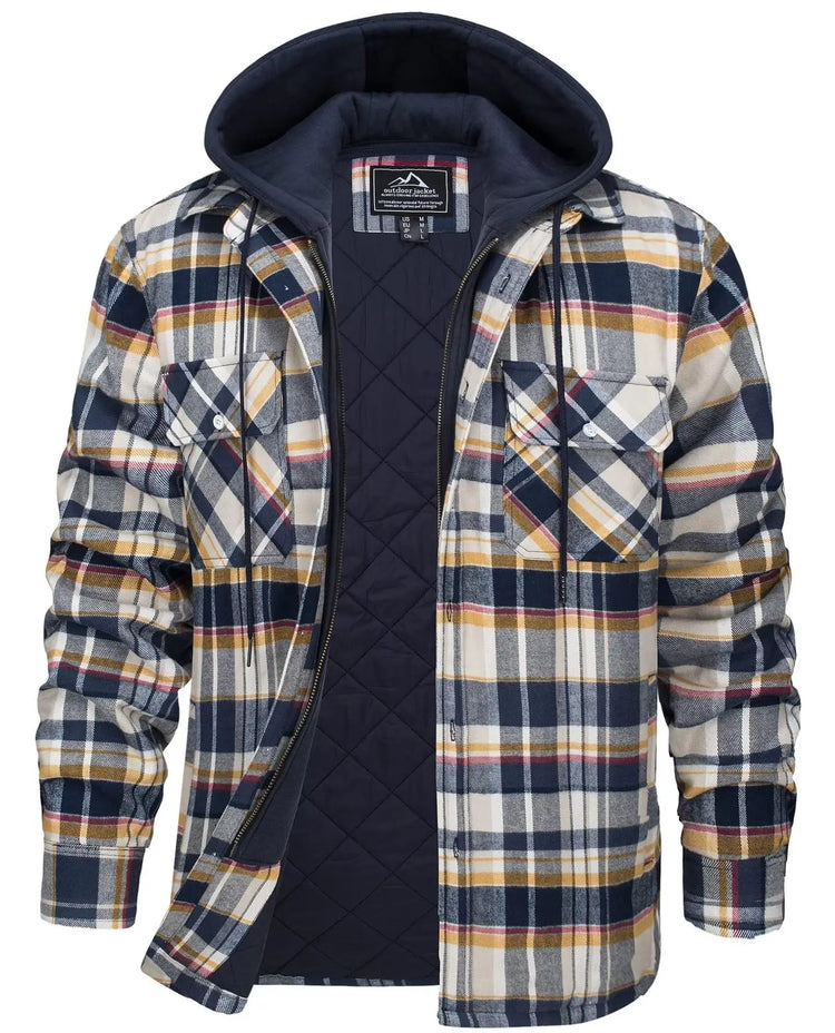 TACVASEN Men's Flannel Shirt Jacket with Removable Hood Plaid Quilted Lined Winter Coats Thick Hoodie Outwear Man Fleece Shirts