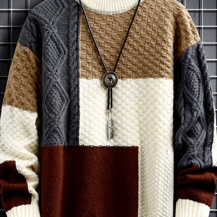 Fashion Mens Warm Knitted Sweaters Patchwork O Neck Knit Pullovers Autumn Winter Korean Streetwear Pullover Casual Mens Clothing