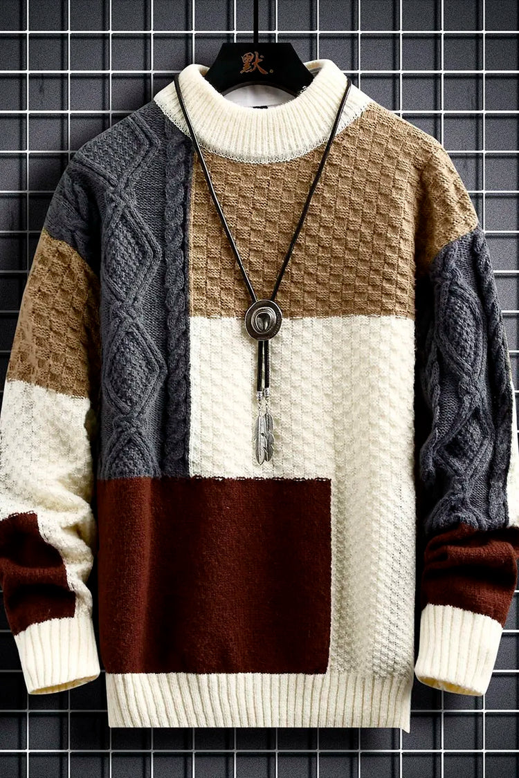 Fashion Mens Warm Knitted Sweaters Patchwork O Neck Knit Pullovers Autumn Winter Korean Streetwear Pullover Casual Mens Clothing