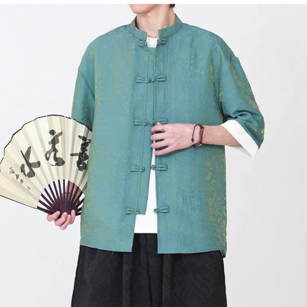 Camicia da Uomo di Lusso con Sfumature Colorate, Jacquard a Maniche Corte, Stile Cinese Tradizionale, Fresca per l'Estate, in Seta Ghiaccio
