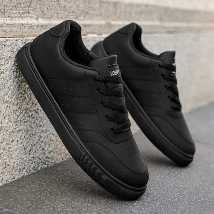 Men Classic Leather Skate Shoes Lace Up Flat Casual Sneakers Non Slip Daily Walking Footwear Black White 2 Colors