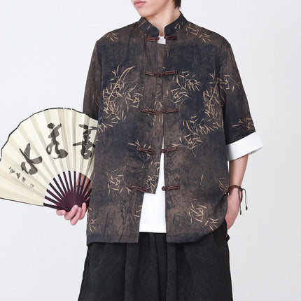 Camicie da uomo estive di lusso in jacquard con foglie di bambù, camicia a maniche corte da uomo in stile cinese tradizionale, camicia casual da uomo per Kung Fu e Tai Chi