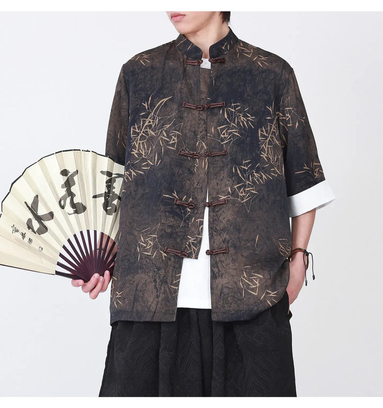 Camicie da uomo estive di lusso in jacquard con foglie di bambù, camicia a maniche corte da uomo in stile cinese tradizionale, camicia casual da uomo per Kung Fu e Tai Chi