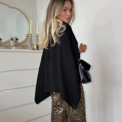 Asymmetric Knit Poncho Cape Loose Solid Color Minimalist Warm Shawl Wrap Outerwear Commuter High Street Pullover 202606H