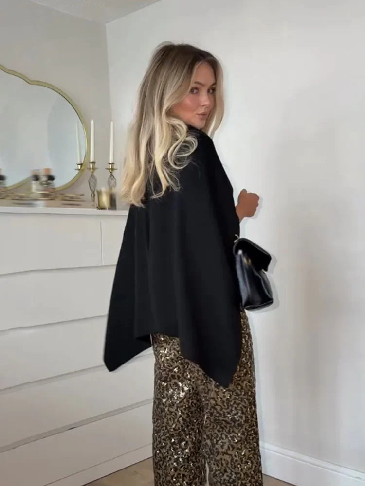 Asymmetric Knit Poncho Cape Loose Solid Color Minimalist Warm Shawl Wrap Outerwear Commuter High Street Pullover 202606H