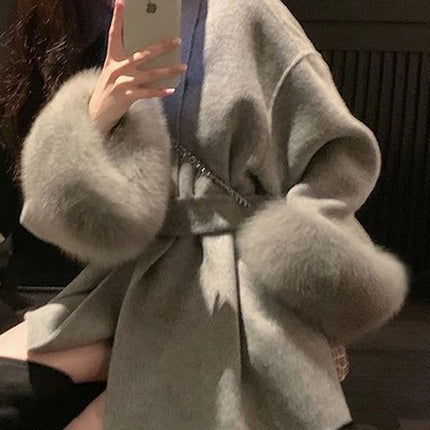 Elegant OL Office Lady Overcoats Fur Patchwork Long Sleeve Woolen Coat Beautiful Women's Clothing Jacket Autumn 2025 Spring