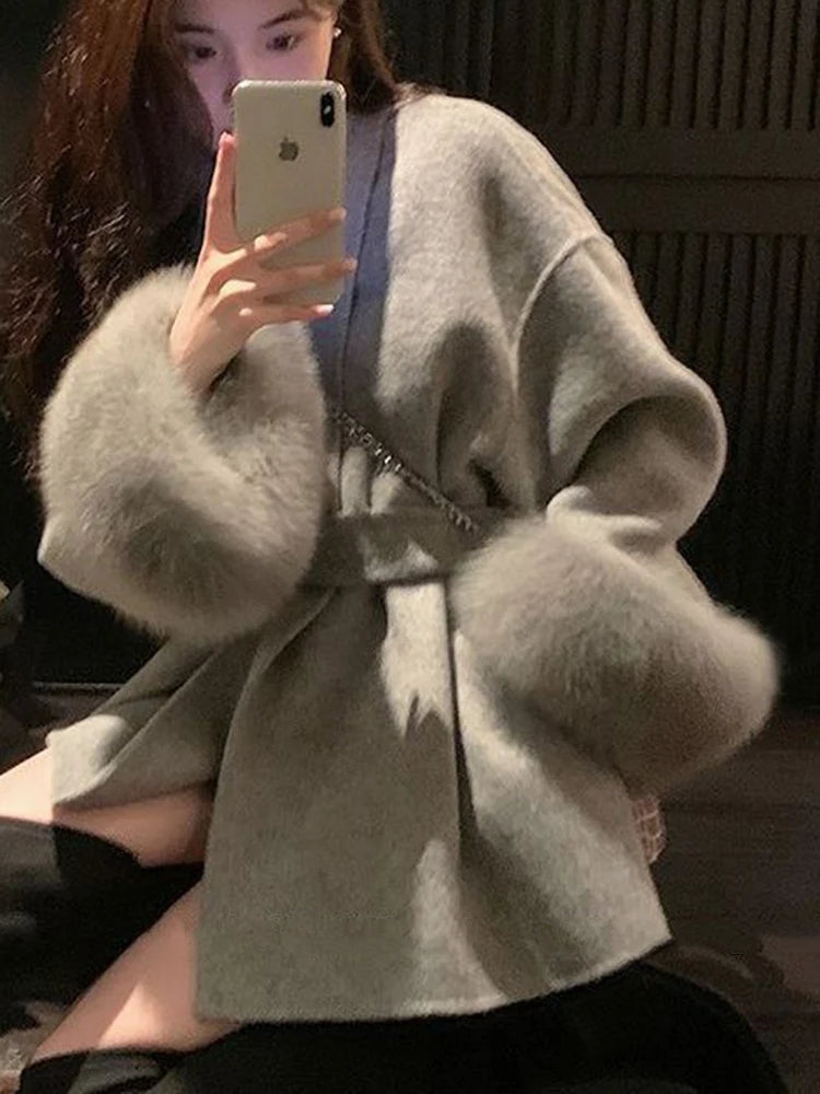 Elegant OL Office Lady Overcoats Fur Patchwork Long Sleeve Woolen Coat Beautiful Women's Clothing Jacket Autumn 2025 Spring