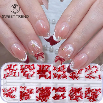 SWEET TREND-12 Grids Red Resin Bow Nail Art Charms Cute Bowknot Nail Decorations for Christmas New Year Valentine's Day Manicure