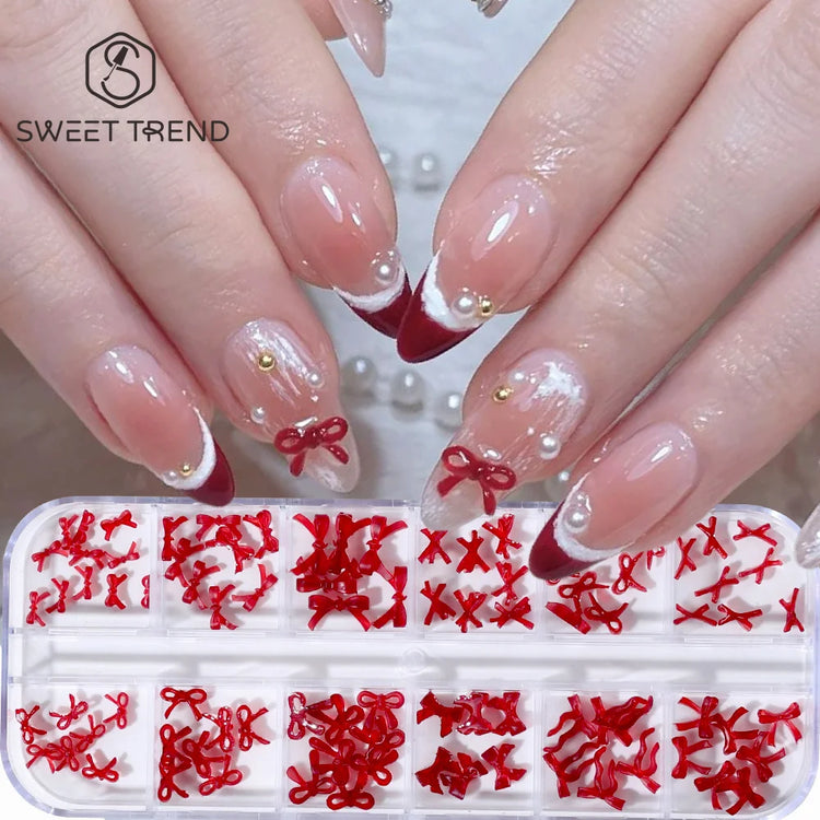 SWEET TREND-12 Grids Red Resin Bow Nail Art Charms Cute Bowknot Nail Decorations for Christmas New Year Valentine's Day Manicure