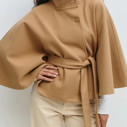 Autumn And Winter New Fashion Solid Color Cloak Stand-up Collar Button Belt Windbreaker Jacket Women's Temperament Commuting Top
