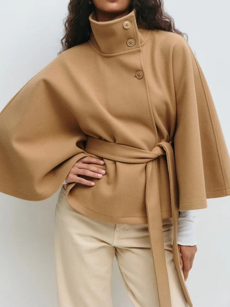 Autumn And Winter New Fashion Solid Color Cloak Stand-up Collar Button Belt Windbreaker Jacket Women's Temperament Commuting Top