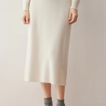 Women's 100% Cashmere Skirts Office Lady Autumn Winter Basic Fit Knitted High Waist Straight Skirt Graceful Long Warm Soft Dress PlatiNum