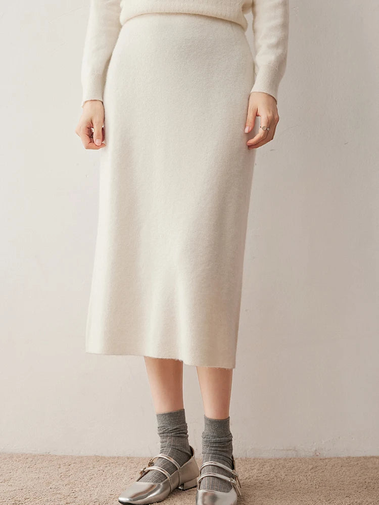 Women's 100% Cashmere Skirts Office Lady Autumn Winter Basic Fit Knitted High Waist Straight Skirt Graceful Long Warm Soft Dress PlatiNum