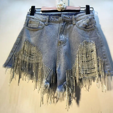 Short en jean pour femme Jeans déchirés à trous avec glands Diamants Sexy délavés effet usé Taille haute Streetwear 2025 Pantalons courts droits