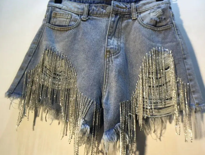 Short en jean pour femme Jeans déchirés à trous avec glands Diamants Sexy délavés effet usé Taille haute Streetwear 2025 Pantalons courts droits