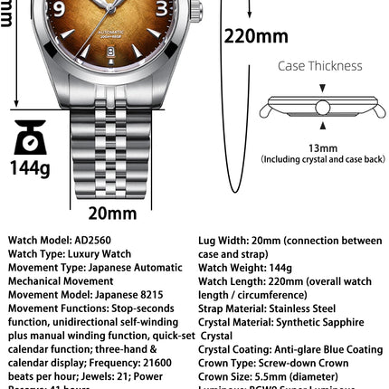 ADDIESDIVE Watch Sapphire New AD2560 Men Automatic Watches 8215 Mechanical Purple Dial Luminous Waterproof 200m Dive Wristwatch