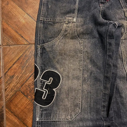 Jeans in denim lavato con ricamo a lettere stile Y2K, tasche grandi, vestibilità ampia, per donna, retrò, high street, trendy, hip hop, wild, a gamba larga