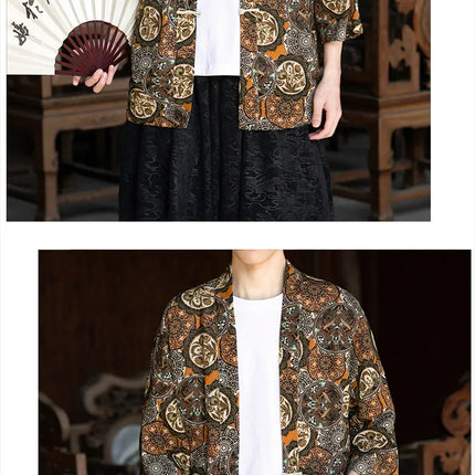 Camicie in Lino Stile Etnico con Stampa Yukata per Uomo e Donna, Abbigliamento Asiatico, Kimono Giapponese Harajuku, Camicie Retrò da Uomo