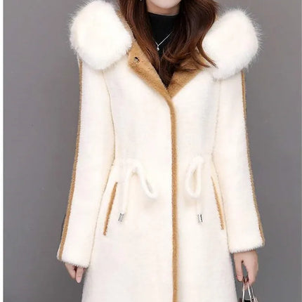 Imitation Mink Fleece Jackets Womens Autumn Winter Thicken Warm Hooded Woolen Coat High End Lady Gold Mink Velvet Wool Overcoat