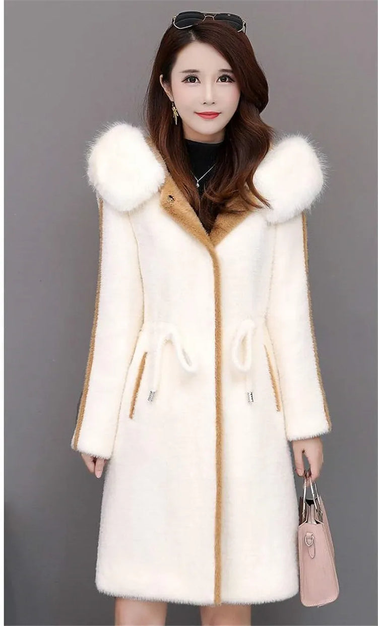 Imitation Mink Fleece Jackets Womens Autumn Winter Thicken Warm Hooded Woolen Coat High End Lady Gold Mink Velvet Wool Overcoat