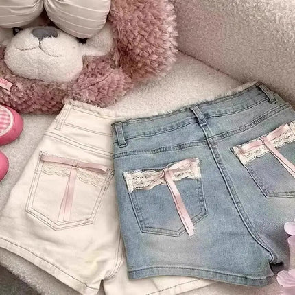 Lace Bow Denim Shorts Women's Summer New High Waisted Large Size Short Jeans Trend Raw Edge Spicy Girl High Street Hot Pant PlatiNum