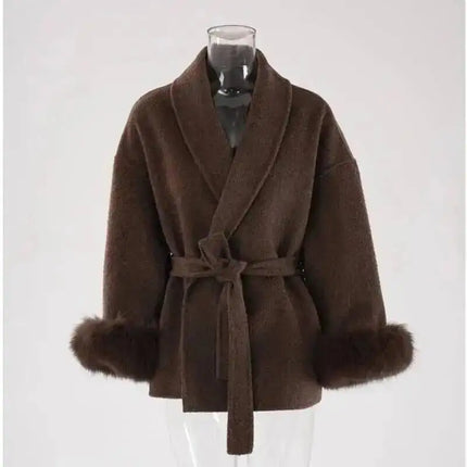 UCXQ Elegant OL Office Lady Overcoats Fur Patchwork Long Sleeve Woolen Coat Beautiful Women's Clothing Jacket Autumn 2025 Winter