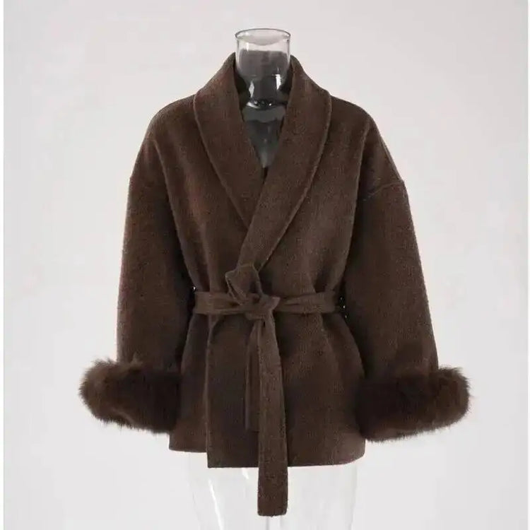 UCXQ Elegant OL Office Lady Overcoats Fur Patchwork Long Sleeve Woolen Coat Beautiful Women's Clothing Jacket Autumn 2025 Winter