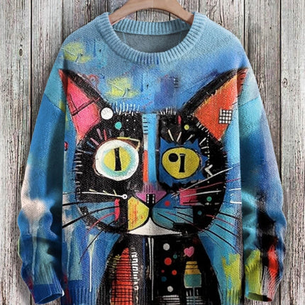 Cute Black Cat Graphic Retro Pattern 3D Printed Men's Knitted Pullover Winter Unisex Casual Warm Knit Pullover Sweater