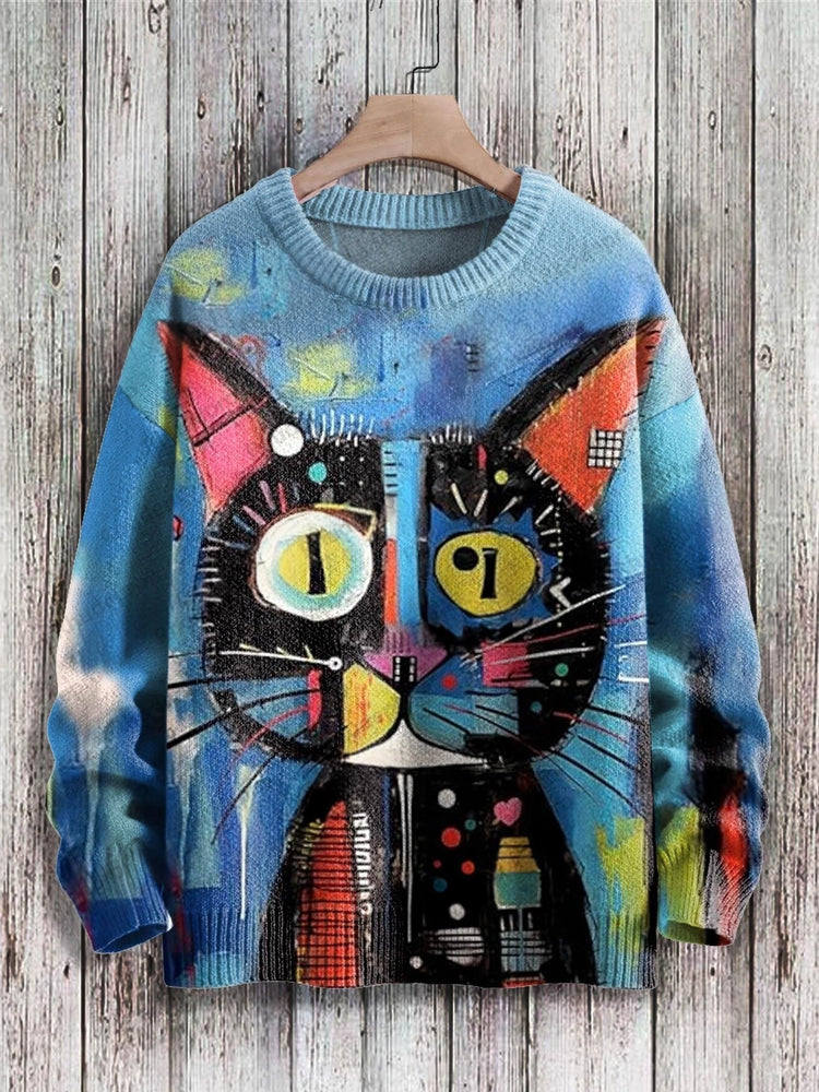 Cute Black Cat Graphic Retro Pattern 3D Printed Men's Knitted Pullover Winter Unisex Casual Warm Knit Pullover Sweater