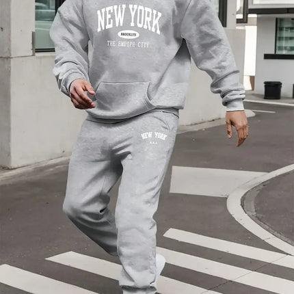 Men's Velvet Thickened Sports Set New York Letter Printed Spring and Autumn Hoodie Set Long Sleeve Casual Comfortable Pocket Hoo PlatiNum
