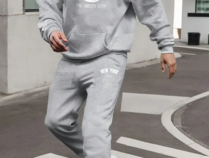Men's Velvet Thickened Sports Set New York Letter Printed Spring and Autumn Hoodie Set Long Sleeve Casual Comfortable Pocket Hoo PlatiNum