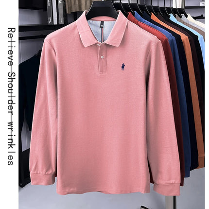 High-end branded long-sleeved polo shirt, 100% cotton, new business men's leisure lapel t-shirt, luxury comfort with Paul pony embroidery