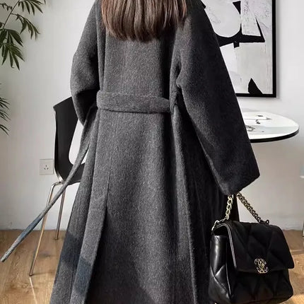 Korean Fashion Dark Gray Stand Collar 100%Wool Coat Women Long Winter Jacket