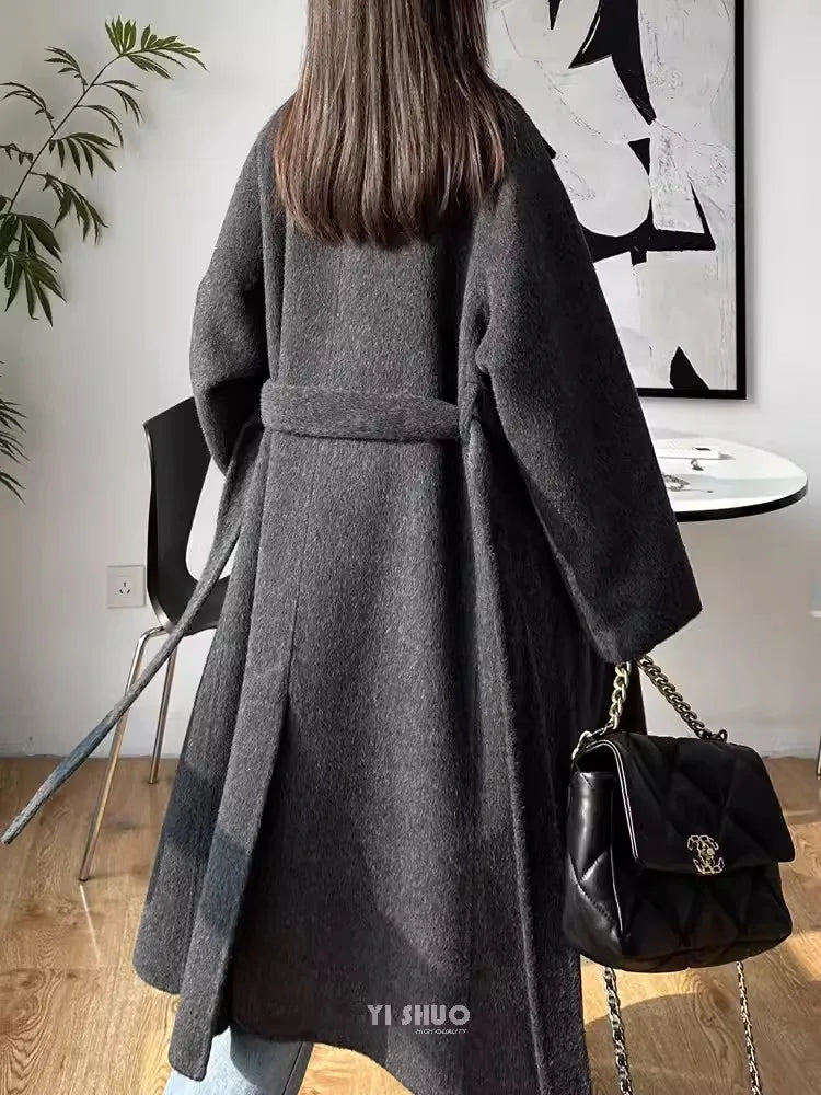 Korean Fashion Dark Gray Stand Collar 100%Wool Coat Women Long Winter Jacket