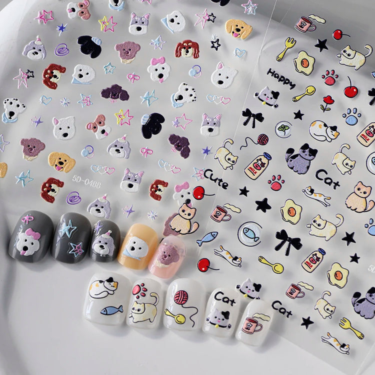1Pcs 5D Lovely Dog/Cat Nail Art Stickers Cartoon Puppy Kitten Pet Animal Adhesive Nail Decals Y2K Manicure Decorations Sliders &