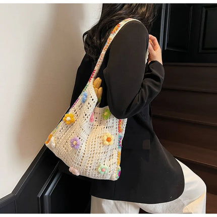 Borsa tote da donna in stile boho con motivo floreale all'uncinetto, borsa a tracolla in maglia intrecciata di grande capacità, borsa da spiaggia estiva per ragazze