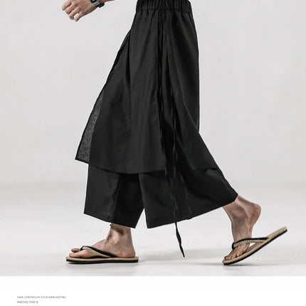 Pantaloni da uomo irregolari in cotone e lino, stile Harajuku, a gamba larga, tinta unita, casual, con elastico in vita, vestibilità ampia, stile punk