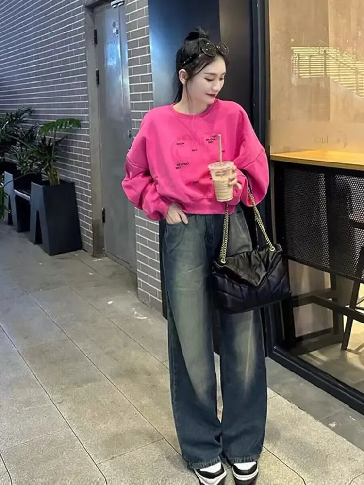 Women Letter Print Sweatshirt Hot Pink Batwing Sleeve Cropped Hoodie Loose Pullover Cute Fall Winter Streetwear 2026 New