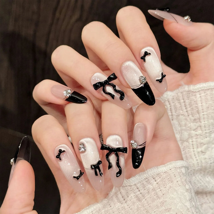 10pcs Handmade Press on Nails French Cat Eye Pink Bow Decor Korean False Nails Wearable Full Cover Ins Almond False Nail Tips 2028