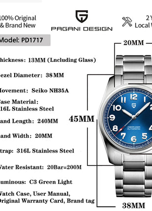 PAGANI DESIGN 38MM NH35 PD1717 V2 Orologi meccanici automatici da uomo Orologio da polso da uomo in acciaio inossidabile impermeabile con zaffiro 200 m impermeabile