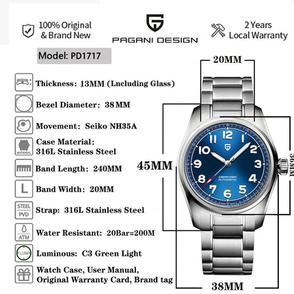 PAGANI DESIGN 38MM NH35 PD1717 V2 Orologi meccanici automatici da uomo Orologio da polso da uomo in acciaio inossidabile impermeabile con zaffiro 200 m impermeabile