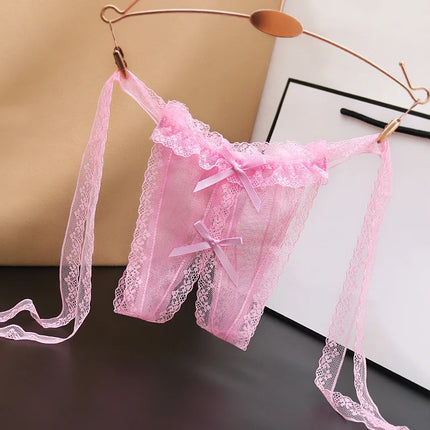 Women's Transparent Lace Thong Crotchless Open Range Underpants for Female Woman Sexy Howllout Laced Up Bowknot Panties Briefs