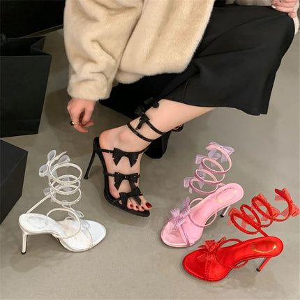 Aneikeh Elegant Pink Wedding Shoes CRYSTAL Bow High Heels Sandals Woman Summer Ankle Strap Thin High Heels Open Toed Party Shoes PlatiNum