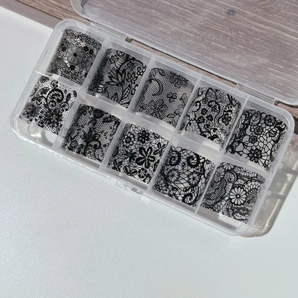 10 Rolls 4x50CM Black White Lace Transfer Nail Sticker Sexy Flower Lace Nail Art Transfer Foils Paper for DIY Manicure Decals*@# 2028