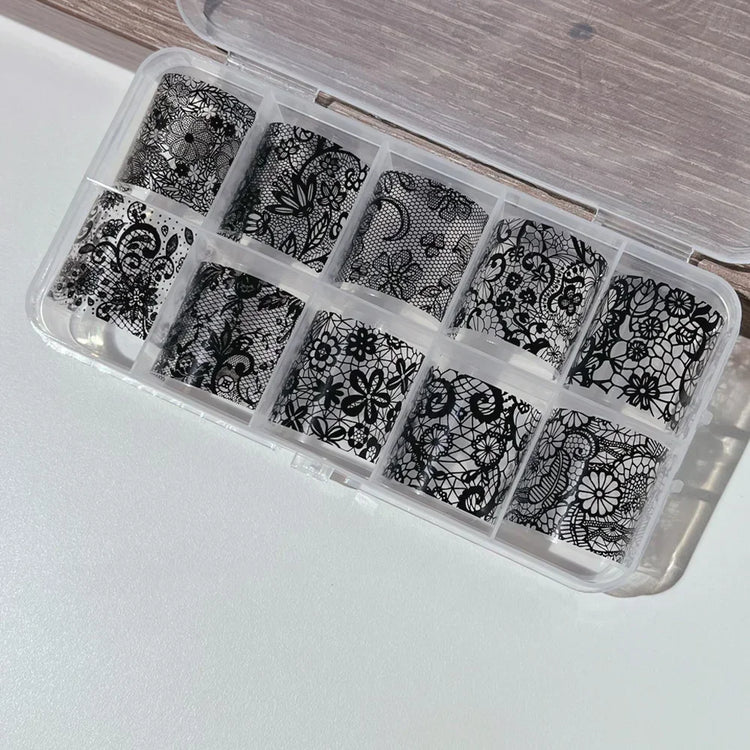 10 Rolls 4x50CM Black White Lace Transfer Nail Sticker Sexy Flower Lace Nail Art Transfer Foils Paper for DIY Manicure Decals*@# 2028